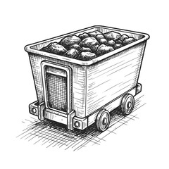 A detailed sketch of a mine cart filled with rocks moving on a metal track. The black-and-white illustration depicts industrial mining equipment, suitable for resource and labor themes © Andromax Studio
