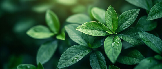 Close-up of green plant leaves with water droplets. Useful for nature and gardening articles.
