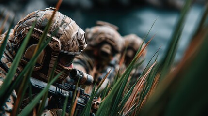 Soldiers in tactical gear navigating through tall grass during a covert operation near a body of water in a natural environment