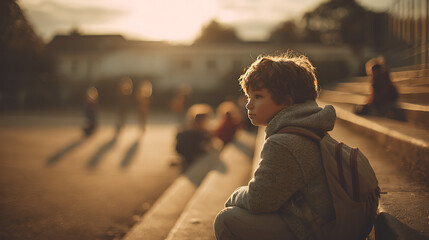 Lonely pupil sitting on school steps watching classmates playing at sunset