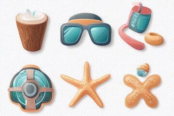 Colorful summer vacation icons featuring a coconut drink, sunglasses, a lifebuoy, a starfish, and more. Perfect for travel, beach, and leisure-themed projects.