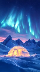 Winter landscape with northern lights and ice dome. Used in articles about nature and traveling to cold regions.