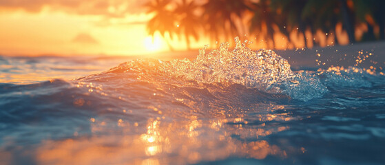 Sun glare on the waves near the shore with palm trees at sunset. Background for meditation and relaxation.