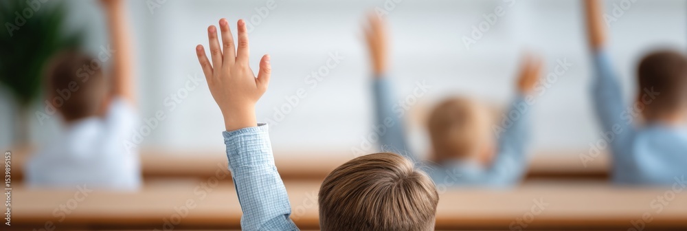 Poster Classroom Scene with Students Raising Hands Du Lesson in a Modern School Setting