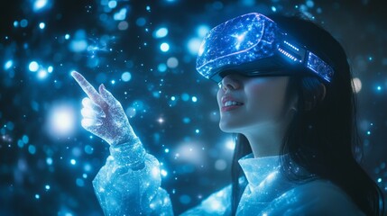Woman in virtual reality with futuristic helmet, interacting with digital interface. Background for technological and innovative themes.