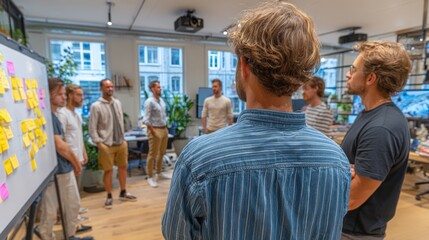 Group of diverse young adults participating in collaborative team discussion in modern office