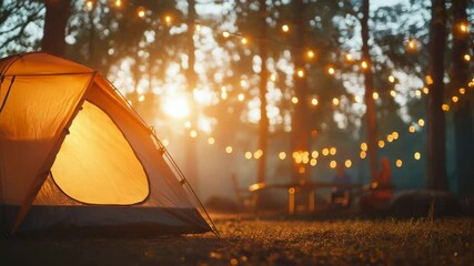 camping adventure concept. A glowing tent under fairy lights in a forest at sunset, evoking a cozy and peaceful outdoor camping scene.