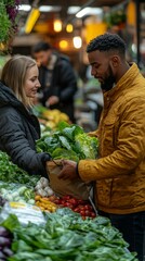 A man in a yellow jacket buys vegetables from a woman at a store. Useful for healthy lifestyle articles, cooking blogs and advertising local products.