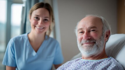 Fototapeta premium Friendly senior man recove in hospital bed with young female nurse smiling beside him