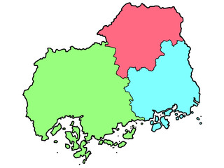 Obraz premium 少しゆるい広島県地図 地域色分け 中国地方 西日本