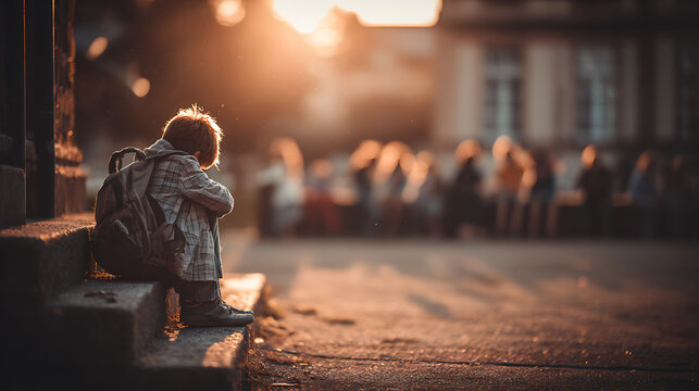 Lonely schoolboy feeling excluded sitting on steps at sunset - Powered by Adobe