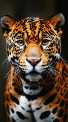 Close-up portrait of a jaguar. In wildlife articles, animal documentaries.