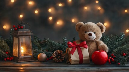 Background with Christmas decorations and teddy bear, will be useful for holiday cards and advertising.