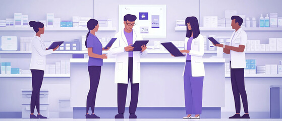 Pharmacists in a pharmacy with tablets, useful for health and medical technology articles.