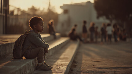 Lonely african child sitting on steps watching other children playing