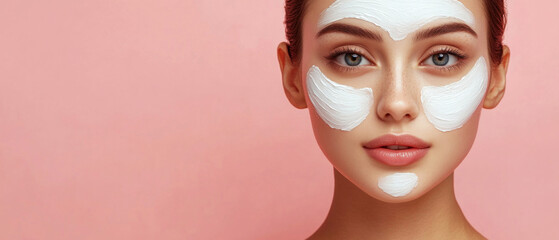 A woman with a mask applied on her face. Used in cosmetic advertising, articles about beauty and skin care.