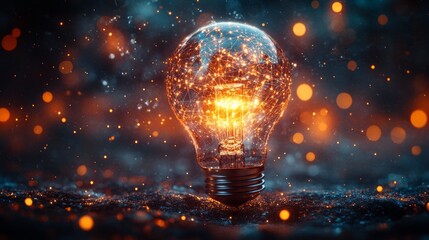 Glowing light bulb with network inside on dark background with glitter, background will be useful for presentations and promotional materials.