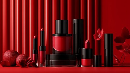 Collection of cosmetics on red background with flower elements, useful for cosmetics ads and fashion magazines.