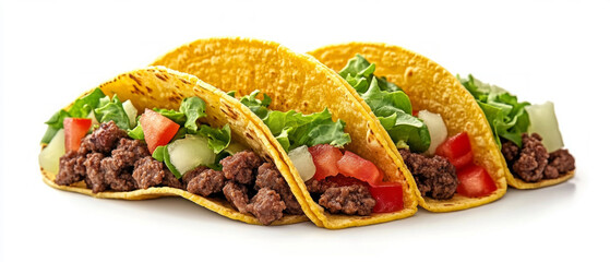 Three delicious tacos filled with meat, tomatoes and herbs, good for cooking blogs and restaurant menus.