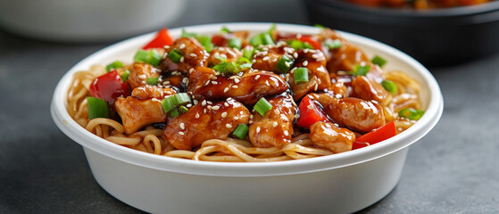 A tasty dish with chicken and vegetables in sauce, served in white dishes, useful for cooking websites and food advertising.