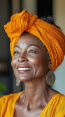 Woman in bright orange headdress and large earrings smiling, useful for fashion blogs and accessory ads.