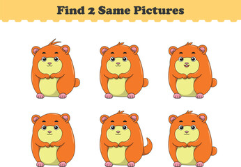 Funny cartoon hamster. Find two same pictures. Educational game for children. Cartoon vector illustration