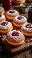 Brightly colored doughnuts with filling and powdered sugar on a wooden board, useful for cooking blogs and pastry advertising.