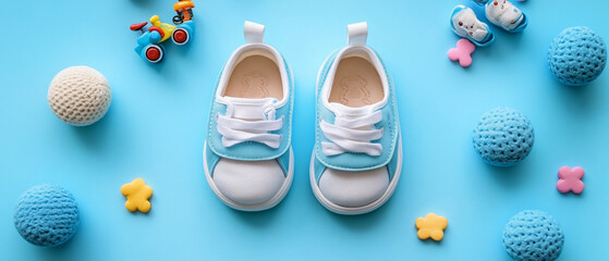 Children's sneakers on toy background, useful for children's products and advertising.