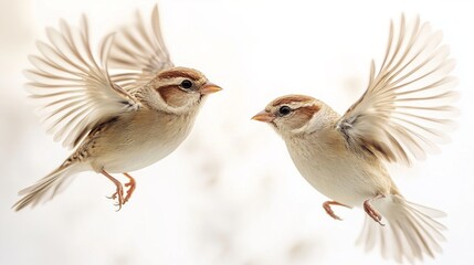 Two little birds in flight, useful for nature and animal articles.