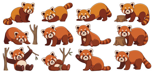 Twelve adorable red panda cartoon illustrations