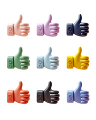 Fototapeta premium Nine Pastel-Colored 3D Thumbs Up Icons on Transparent Background, PNG
