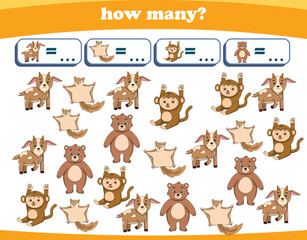 Counting game of wild animals for preschool kids. Printable. Vector Illustration