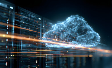 A futuristic digital cloud computing concept overlaid on glowing server racks with moving data flow.