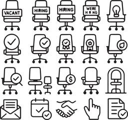 A collection of 20 hiring-themed icons including chairs, job offers, vacancy signs, and office elements. Ideal for HR platforms, job boards, and employment websites.
