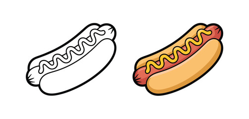 Hot dog illustration coloring page and full color version
