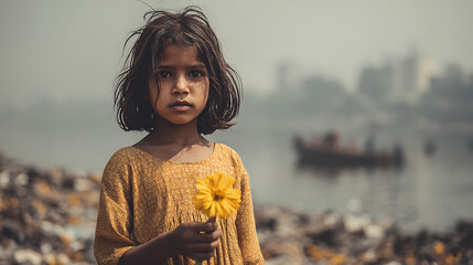 Poor indian girl holding a flower in polluted mumbai