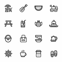 Summer vacation icons set vector illustration with watermelon guitar and picnic table for summer holiday design