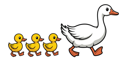 Mother goose and three ducklings walking