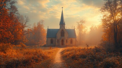 Obraz premium Enchanting autumn church in morning glow surrounded by vibrant fall foliage