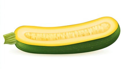 Zucchini half vibrant green skin, yellow flesh, visible seeds, cut horizontally, isolated