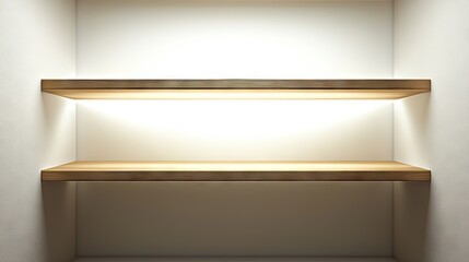 Empty wooden shelves with integrated lighting.
