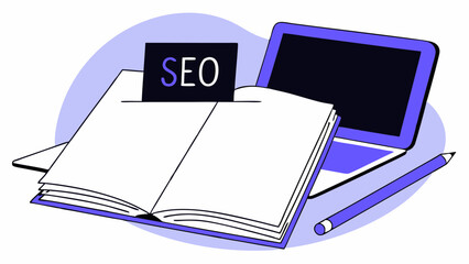 Open book with SEO label and laptop, symbolizing digital marketing education
