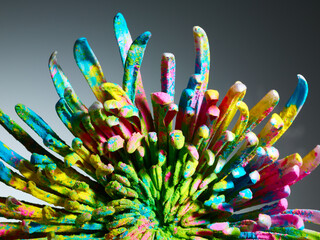 Chrysanthemum with colourful powder paint over grey background