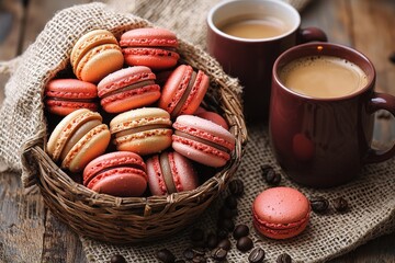 Assorted macarons in basket with coffee cups on rustic background