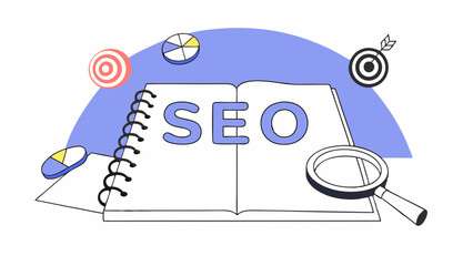 SEO guide with open notebook, magnifying glass, and colorful graphics, illustrating digital