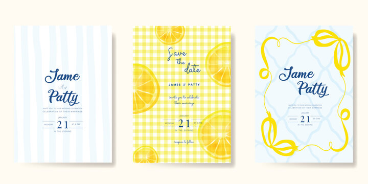 Italy summer party invitation card vector. Italian poster with lemon, ribbon frame. Design for wedding card, greeting card, cover, poster.