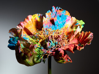 Peony flower in powder paint over grey background