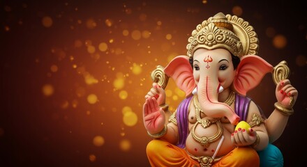 Elegant Ganesha statue with red and gold decorative background, shining light aura, soft red to gold gradient