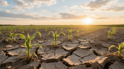 The parched cornfield at sunset