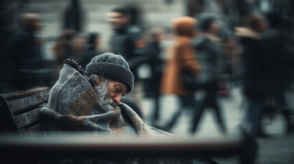 Homeless man sleeping on bench in busy city street